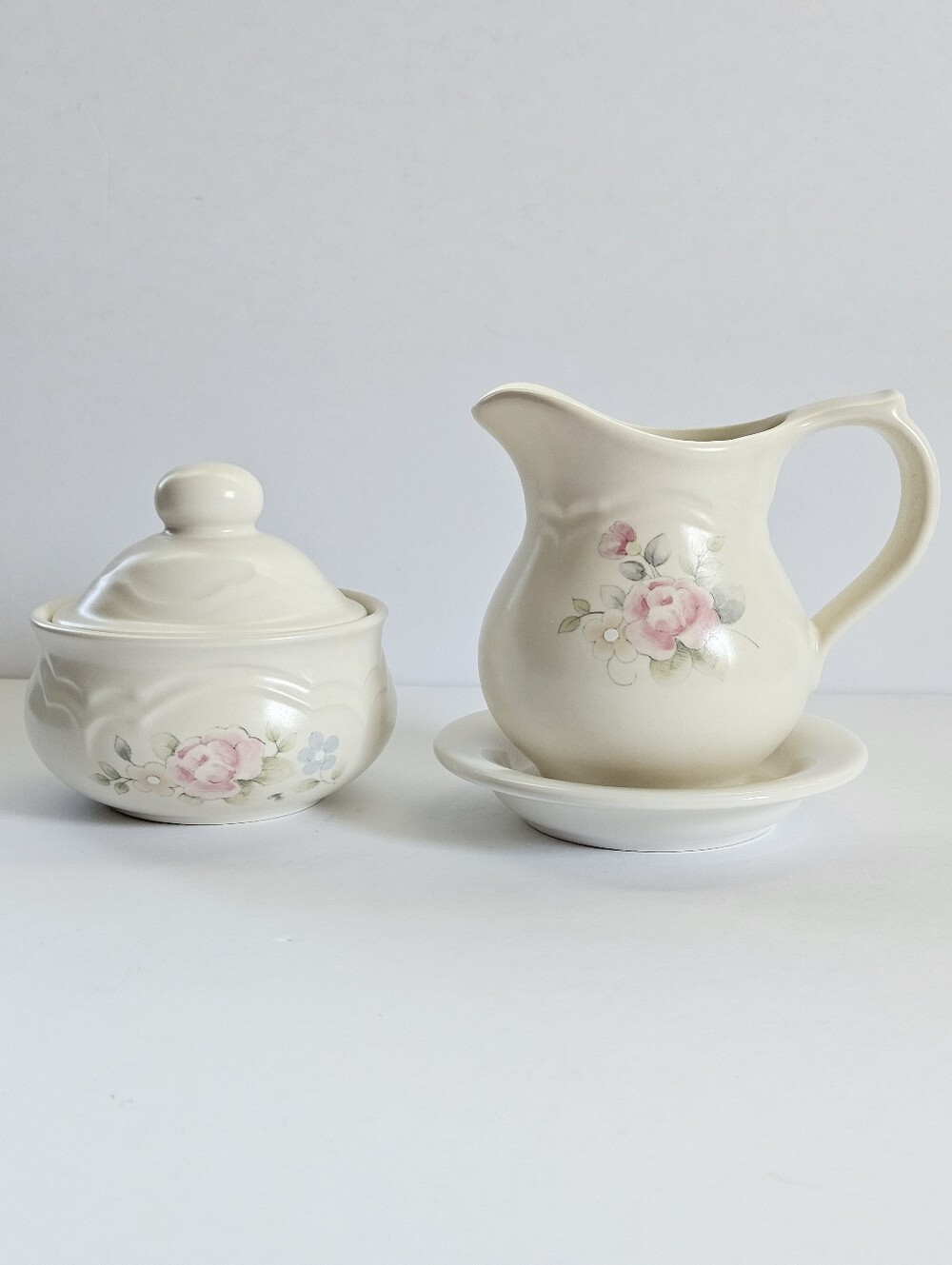 Pfaltzgraff Tea Rose Creamer pitcher And Lidded Sugar Bowl trinket dish pastel